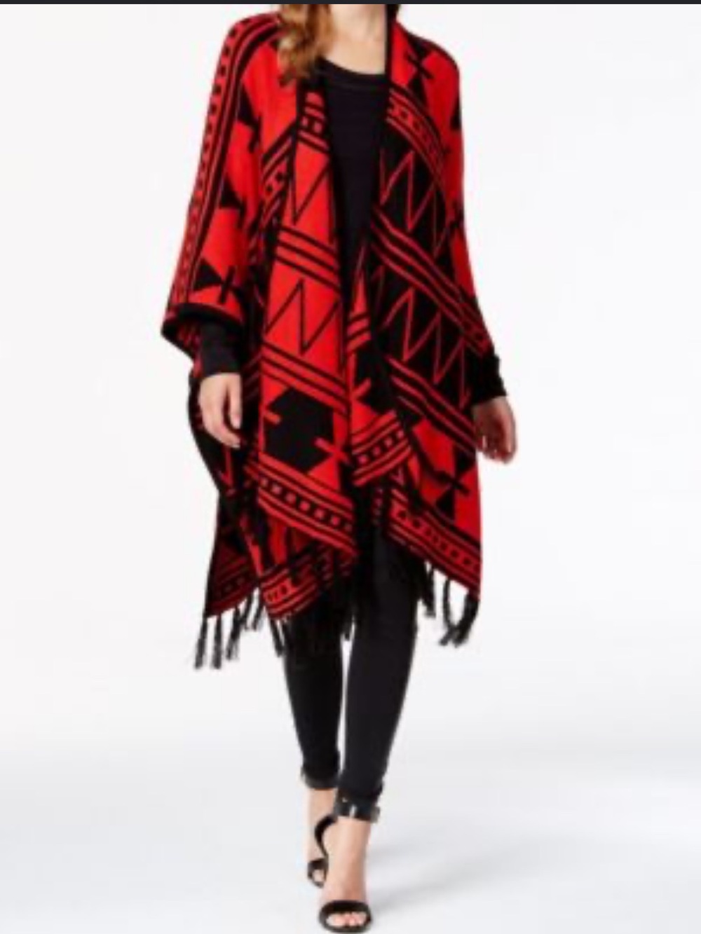 Kensie Red Black Paprika Tribal Geometric Fringe Poncho Wrap Fall o/s